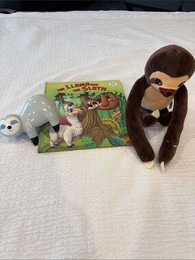 Sloth Bundle for kids-includes sloth plush toy, a ceramic coin bank & a book.